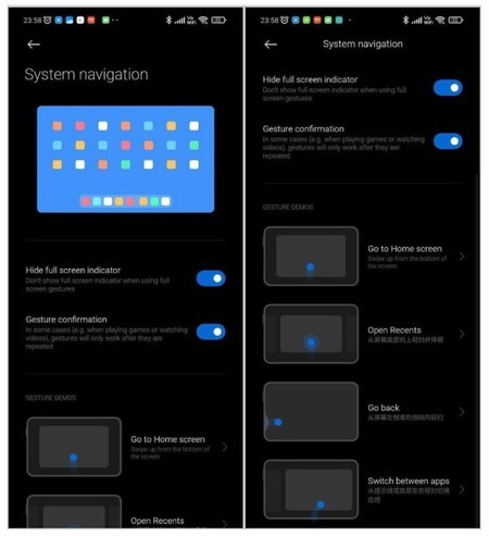 Gestures for tablets in the MIUI 12.5 code